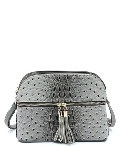 Ostrich Embossed Multi-Compartment Cross Body with Zip Tassel OS050 DGRAY